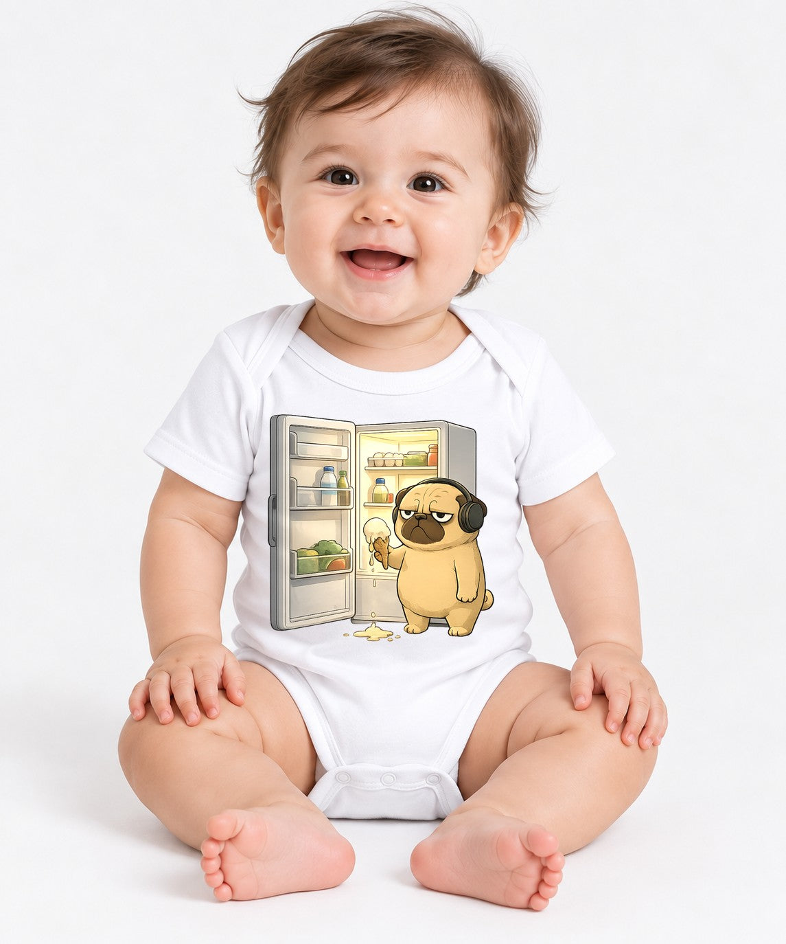 Late Night Snack Pug Dog Refrigerator Melting Ice Cream Funny Humor - White