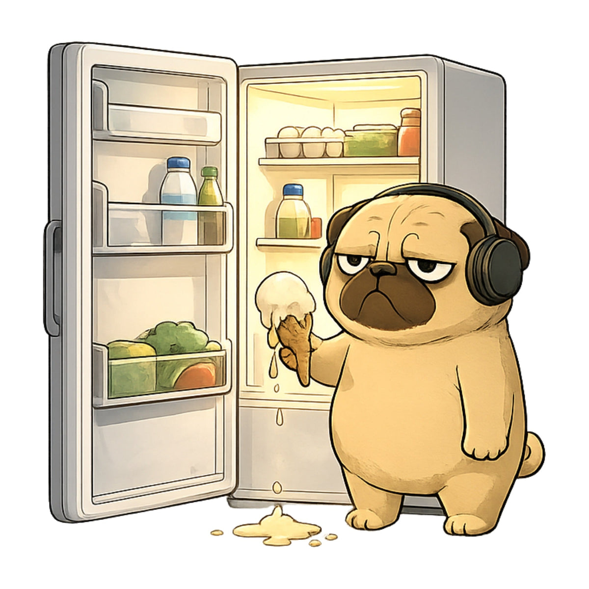 Late Night Snack Pug Dog Refrigerator Melting Ice Cream Funny Humor