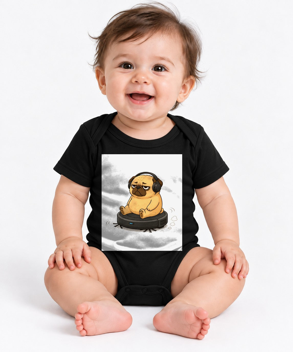 Lazy Pug Riding Vacuum Robot Headphone Funny Dog Meme - Black
