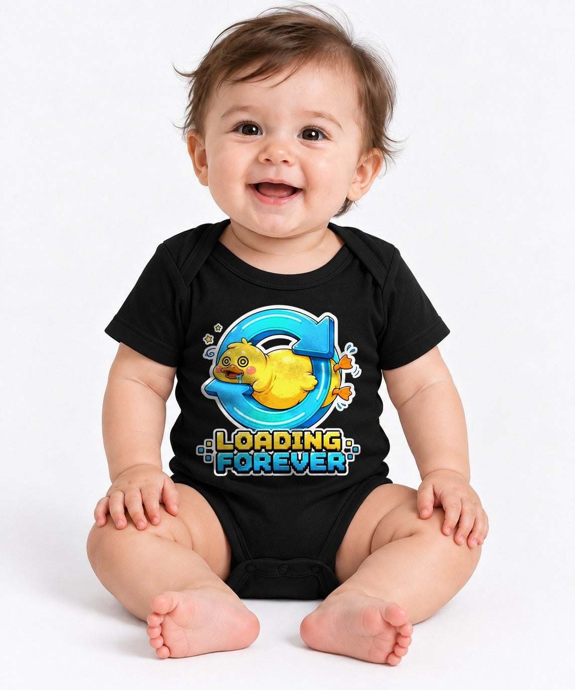 Loading Forever - Cute Dizzy Duck Buffering Gamer Graphic T-Shirt - Black