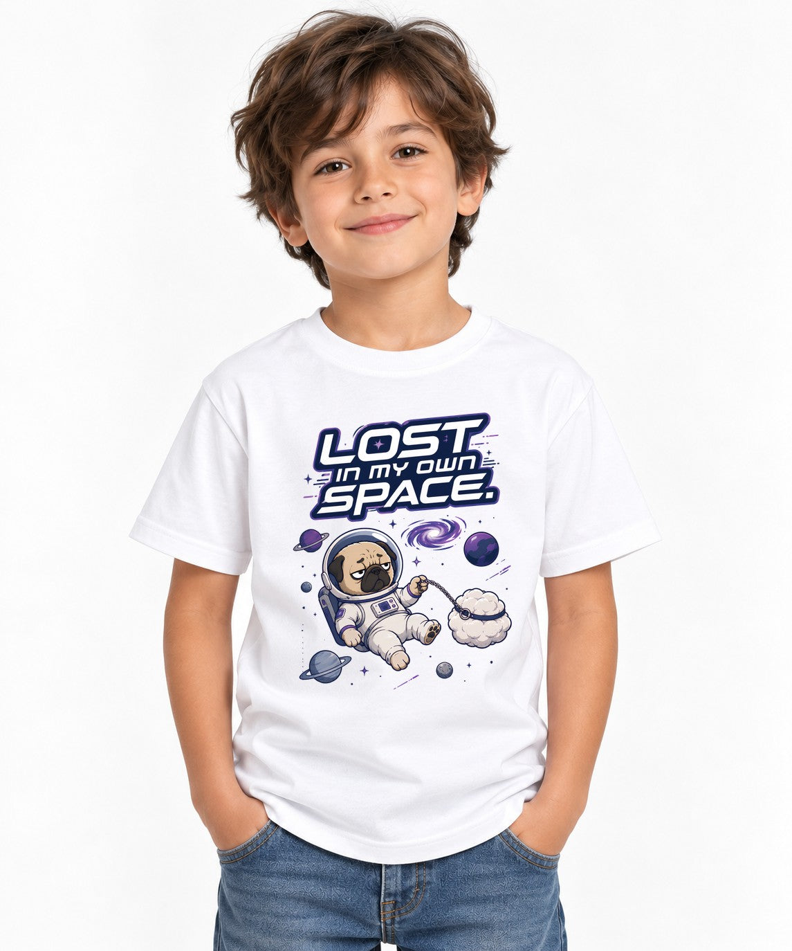 Lost In My Own Space Pug Astronaut Shirt - Funny Space Dog Tee - White