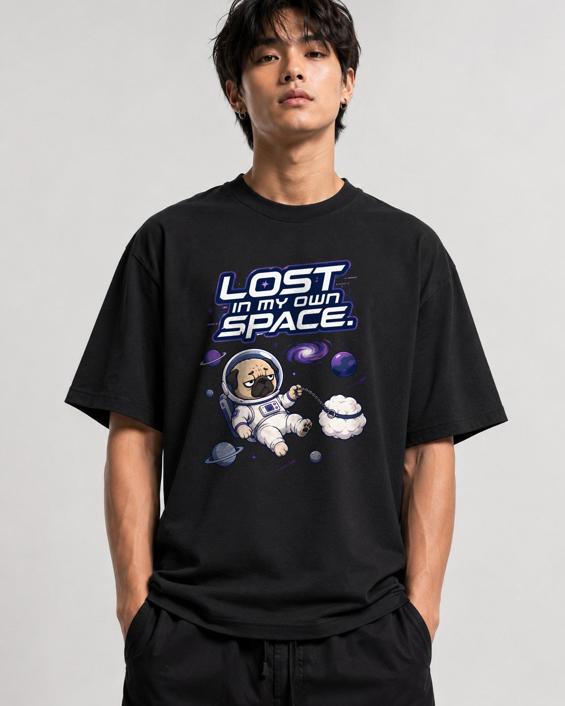 Lost In My Own Space Pug Astronaut Shirt - Funny Space Dog Tee - Black