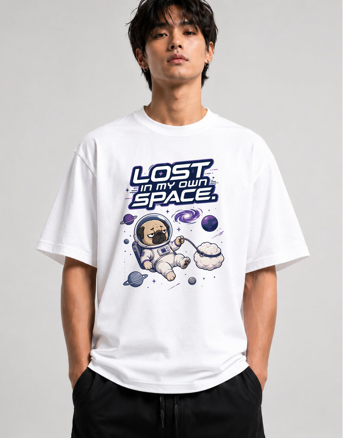 Lost In My Own Space Pug Astronaut Shirt - Funny Space Dog Tee - White