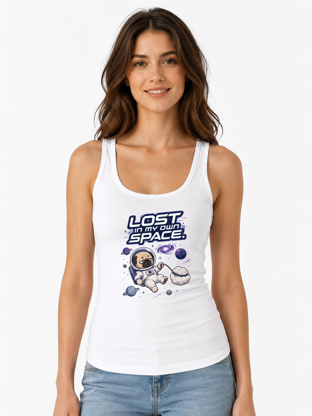 Lost In My Own Space Pug Astronaut Shirt - Funny Space Dog Tee - White