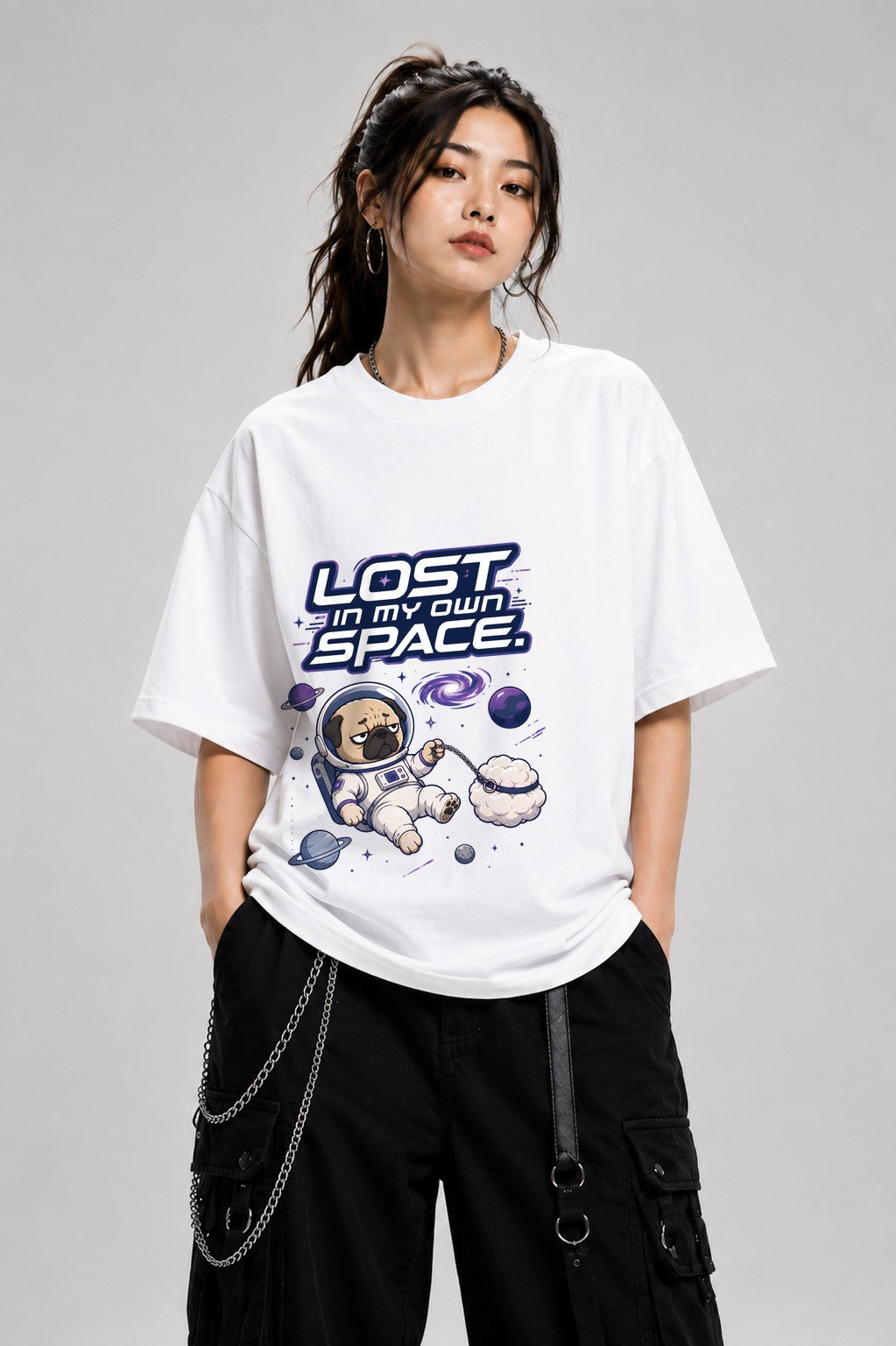 Lost In My Own Space Pug Astronaut Shirt - Funny Space Dog Tee - White