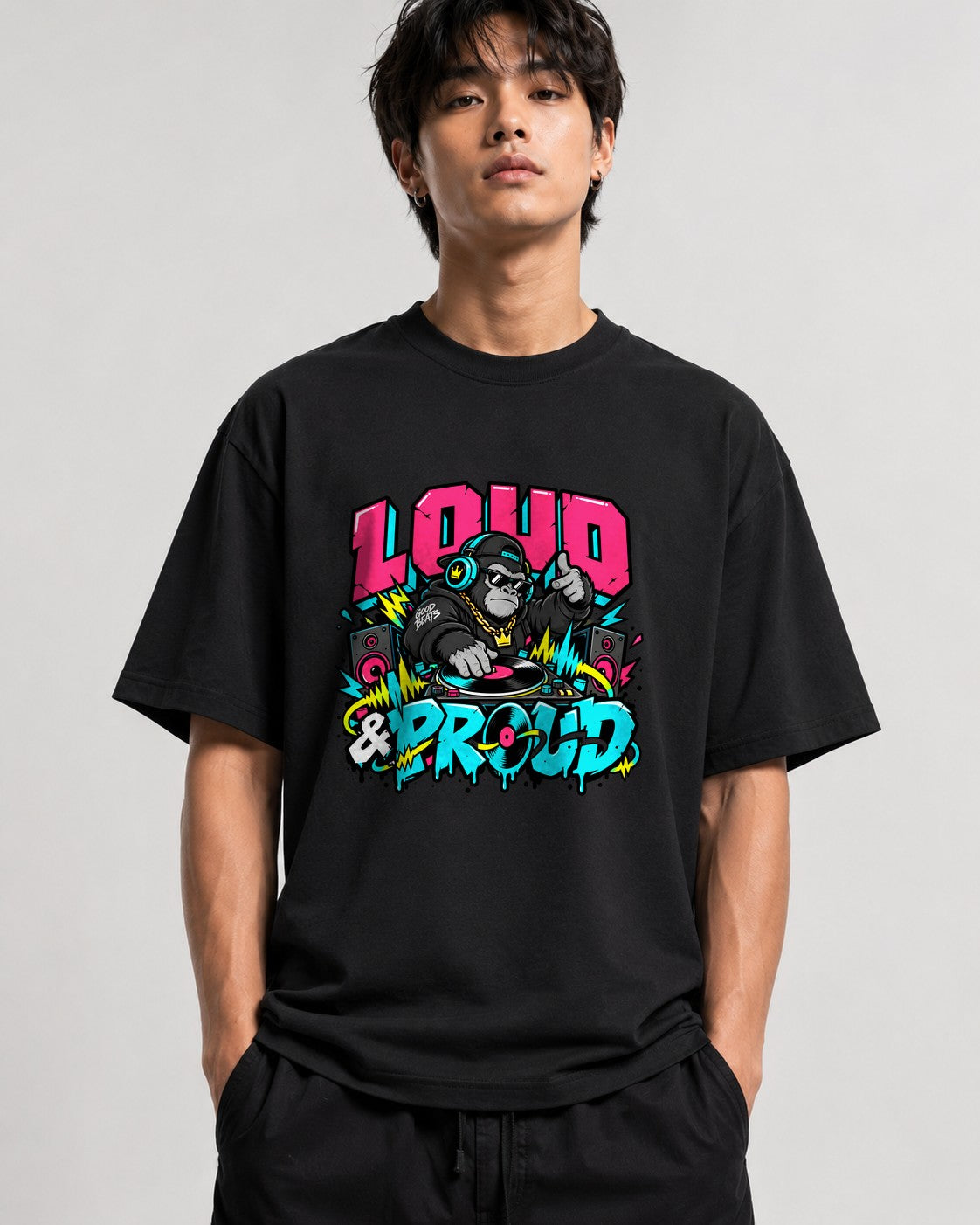 Loud and Proud DJ Gorilla Shirt - Street Art Music Graphic Tee - Black