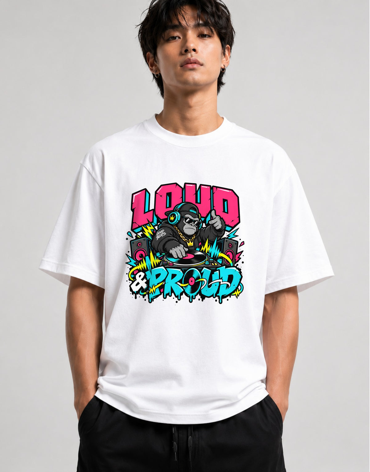 Loud and Proud DJ Gorilla Shirt - Street Art Music Graphic Tee - White