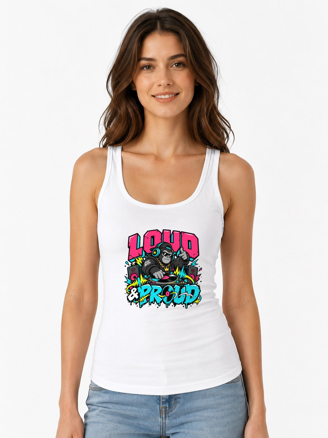 Loud and Proud DJ Gorilla Shirt - Street Art Music Graphic Tee - White