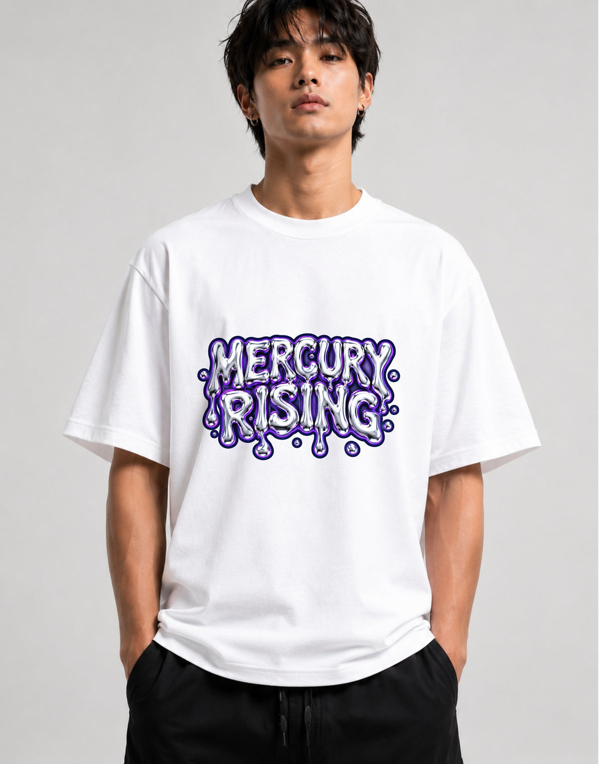 Mercury Rising Liquid Metal Typography Graphic Tee - White