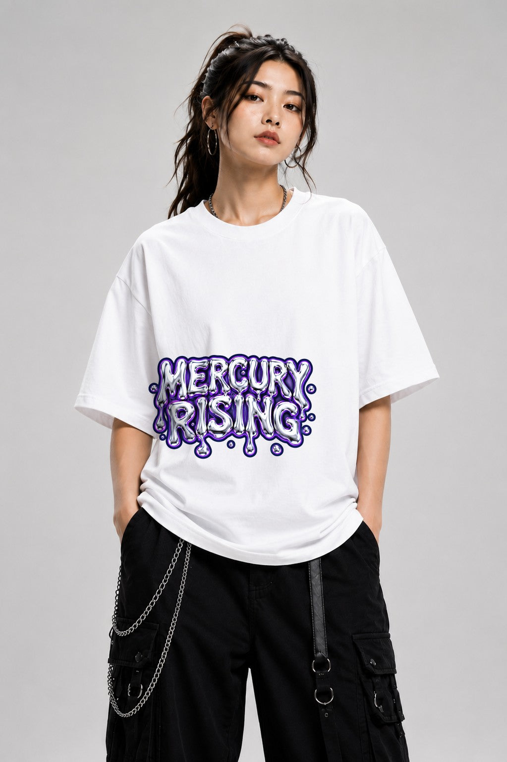 Mercury Rising Liquid Metal Typography Graphic Tee - White