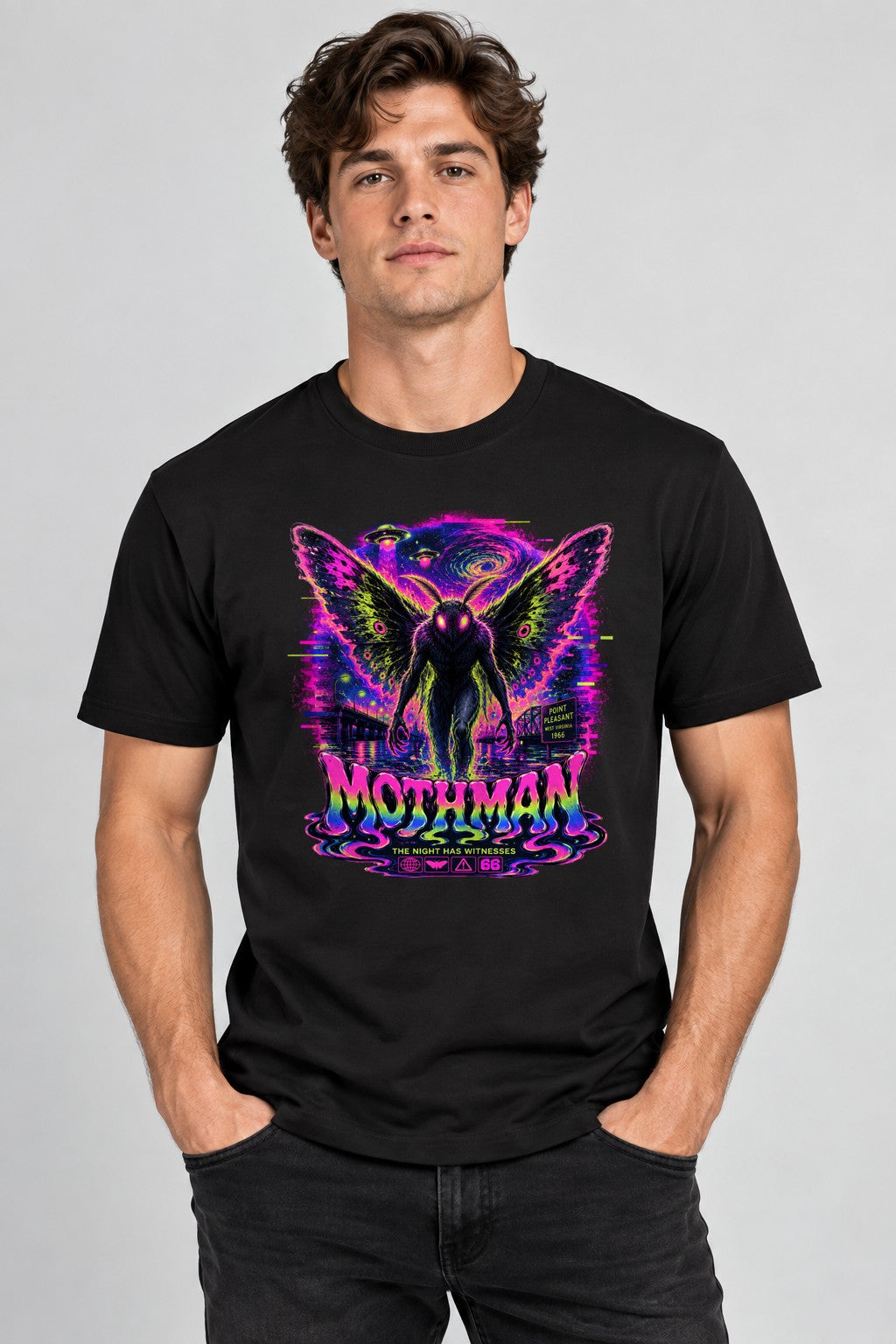 Mothman Cryptid Neon Psychedelic Point Pleasant West Virginia 1966 - Black