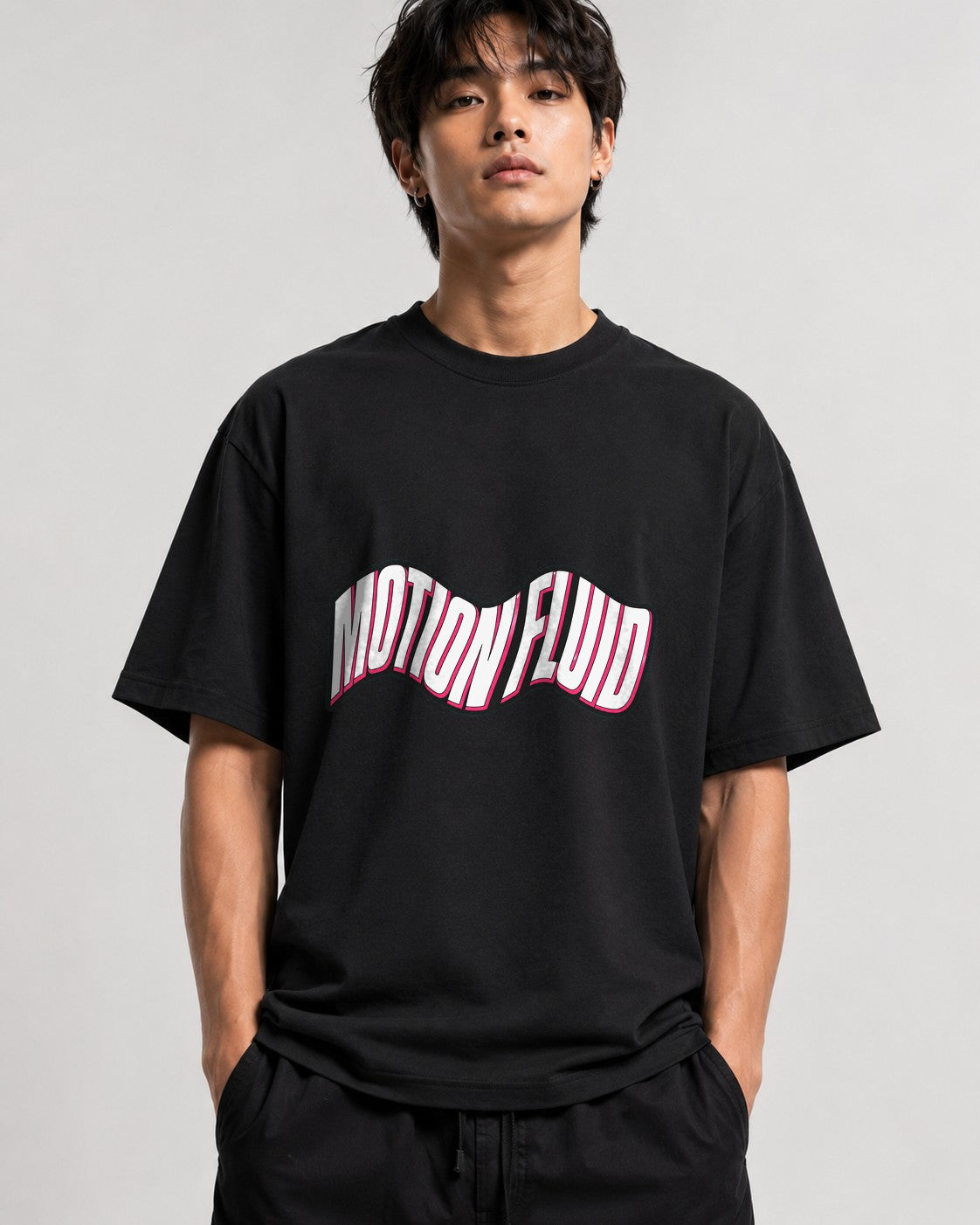Motion Fluid Wavy Text Graphic Tee - Retro Typography Design - Black