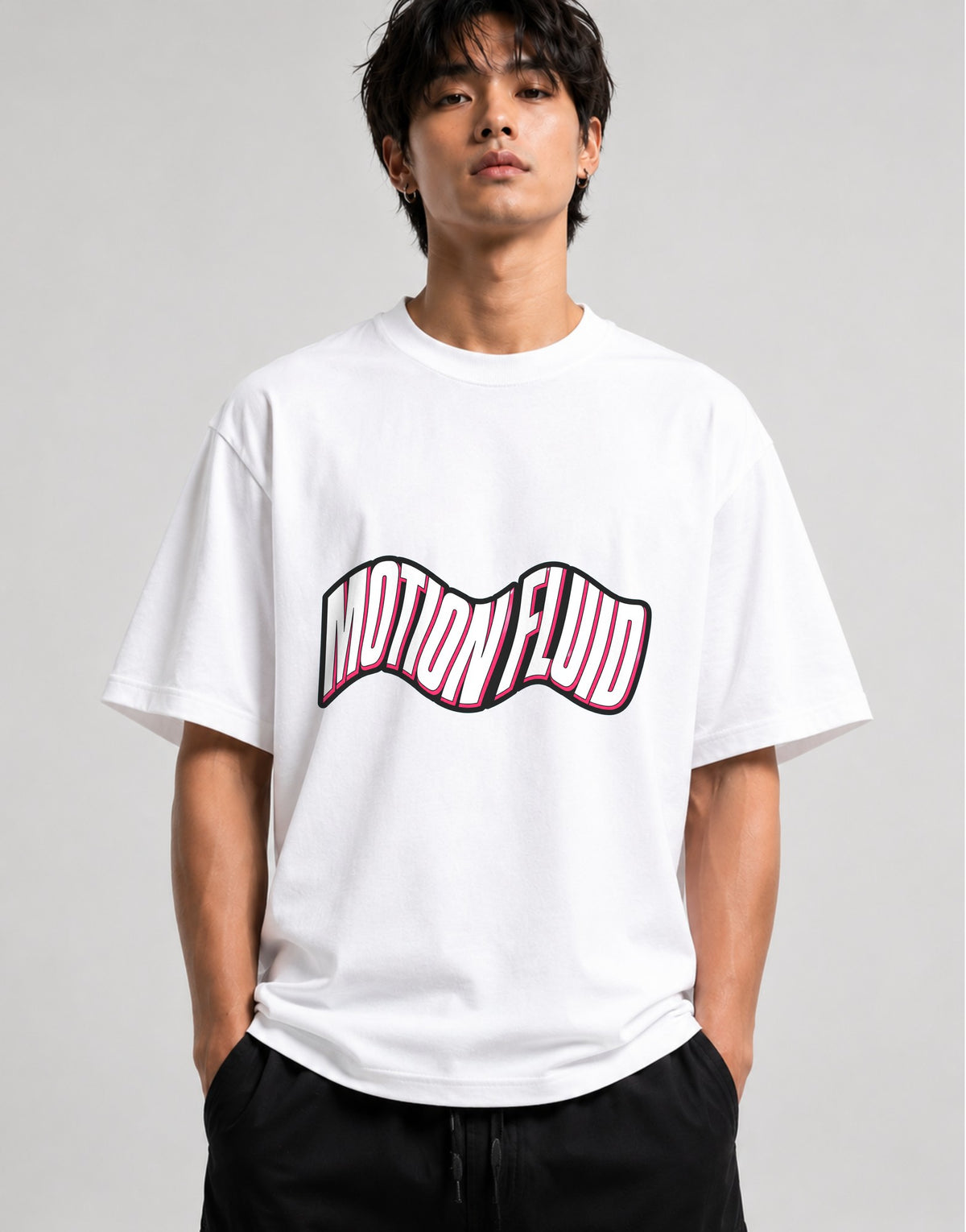 Motion Fluid Wavy Text Graphic Tee - Retro Typography Design - White