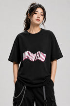 Motion Fluid Wavy Text Graphic Tee - Retro Typography Design - Black