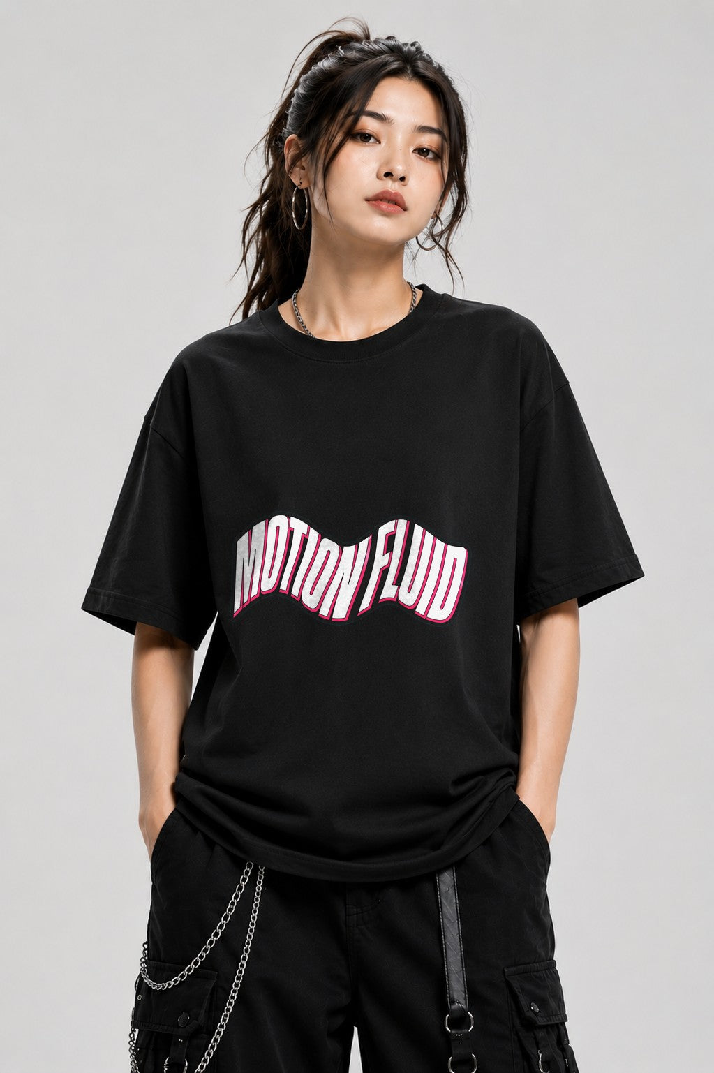 Motion Fluid Wavy Text Graphic Tee - Retro Typography Design - Black
