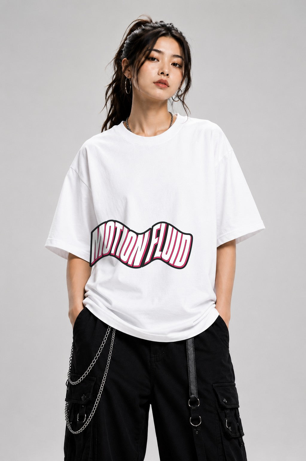Motion Fluid Wavy Text Graphic Tee - Retro Typography Design - White