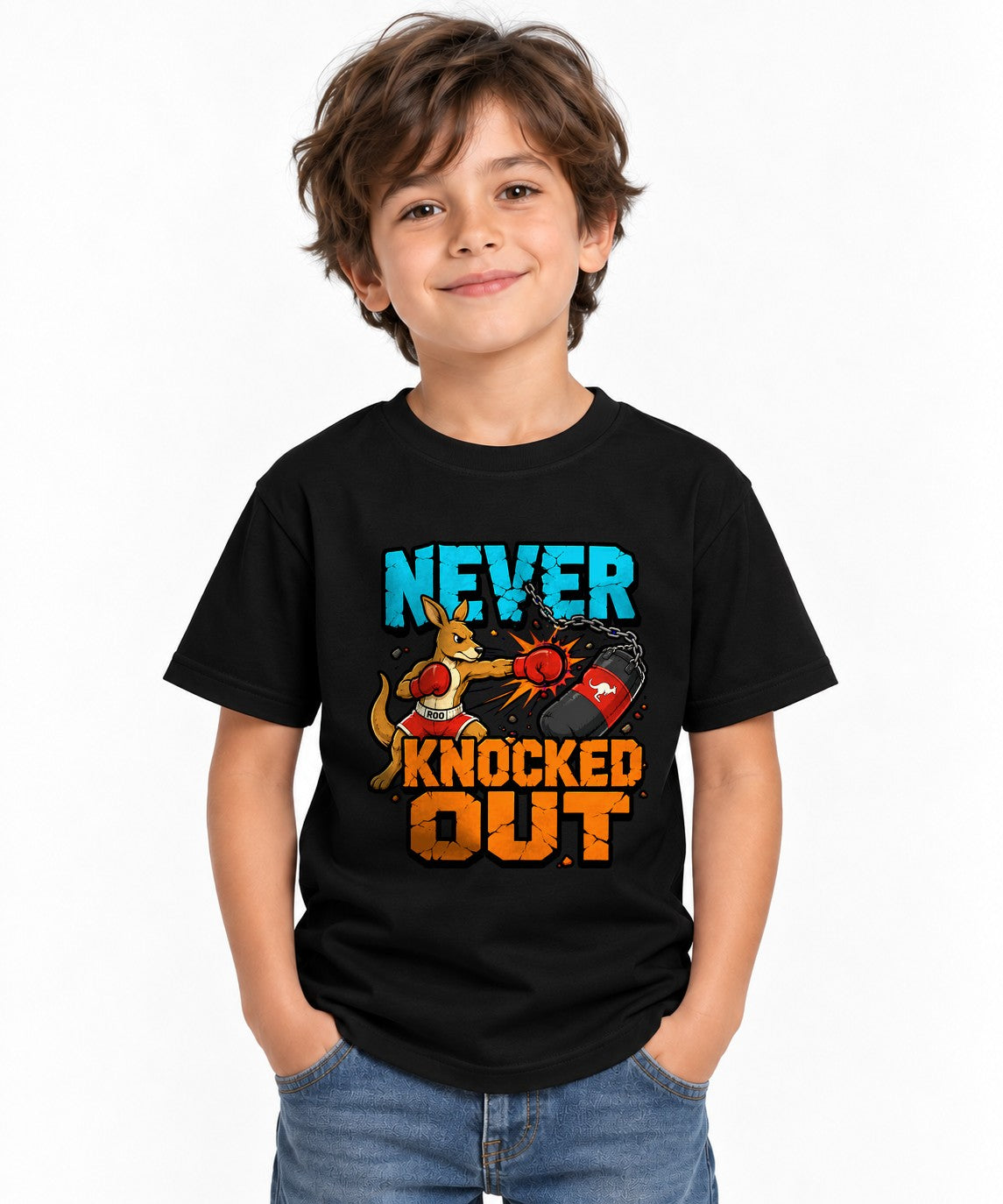Never Knocked Out Kangaroo Boxing Graphic Tee - Tough Animal Fighter - Black