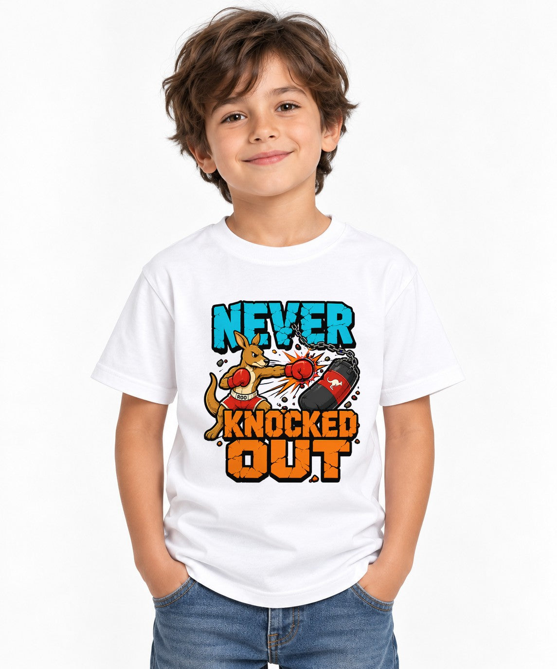 Never Knocked Out Kangaroo Boxing Graphic Tee - Tough Animal Fighter - White