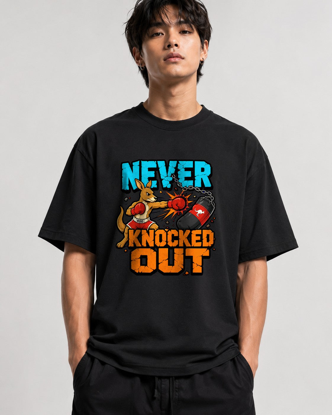 Never Knocked Out Kangaroo Boxing Graphic Tee - Tough Animal Fighter - Black