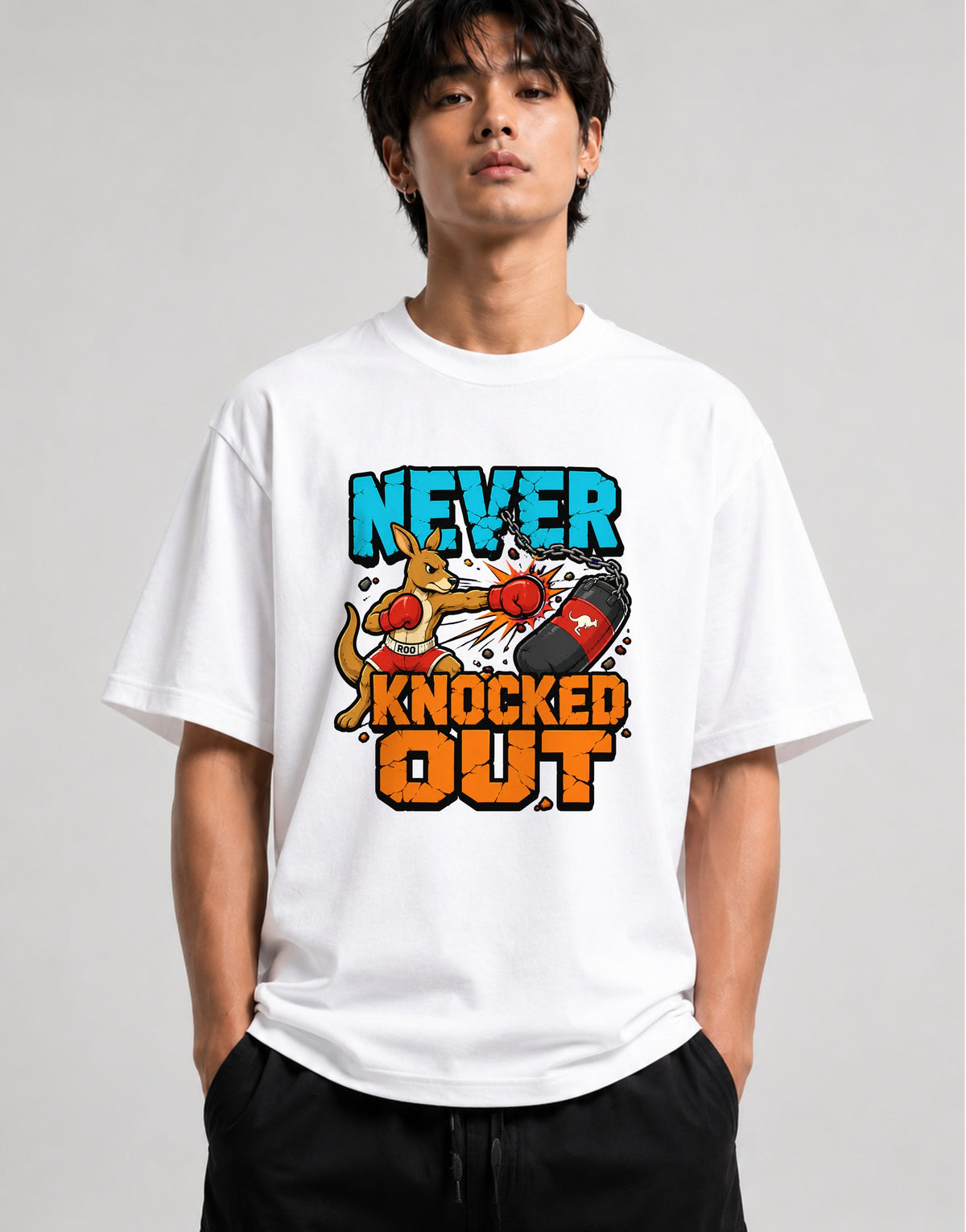 Never Knocked Out Kangaroo Boxing Graphic Tee - Tough Animal Fighter - White