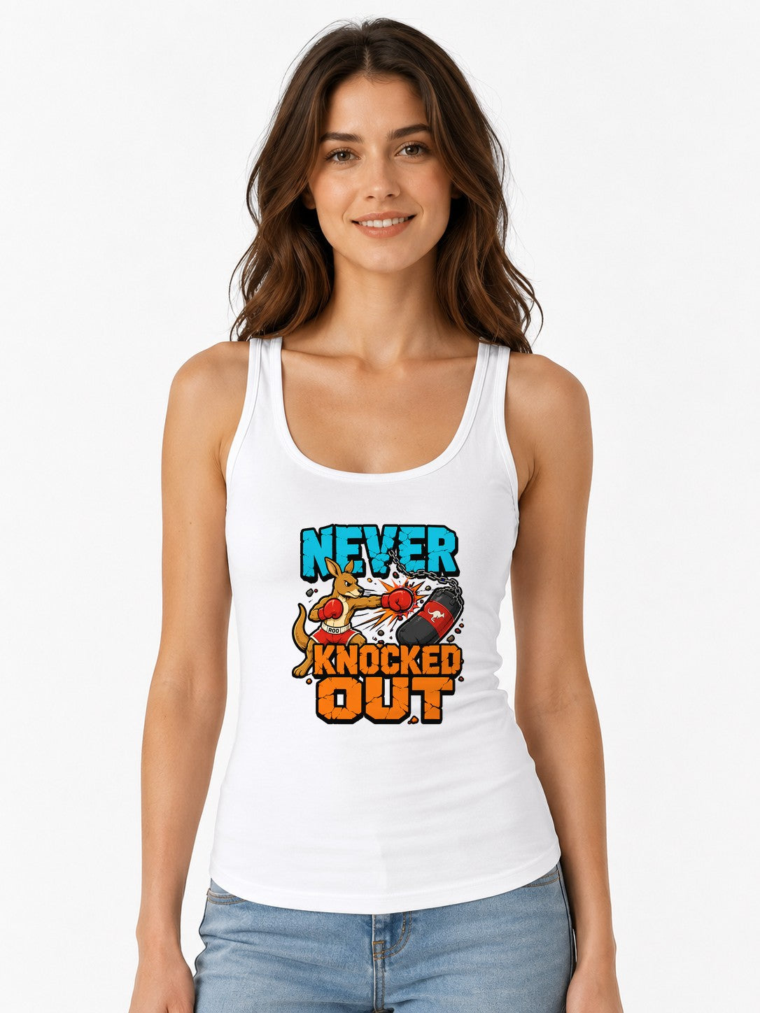 Never Knocked Out Kangaroo Boxing Graphic Tee - Tough Animal Fighter - White
