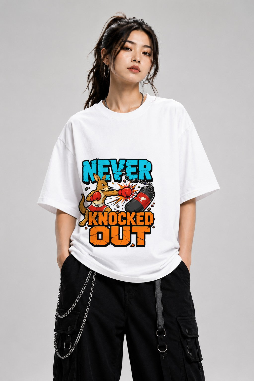 Never Knocked Out Kangaroo Boxing Graphic Tee - Tough Animal Fighter - White
