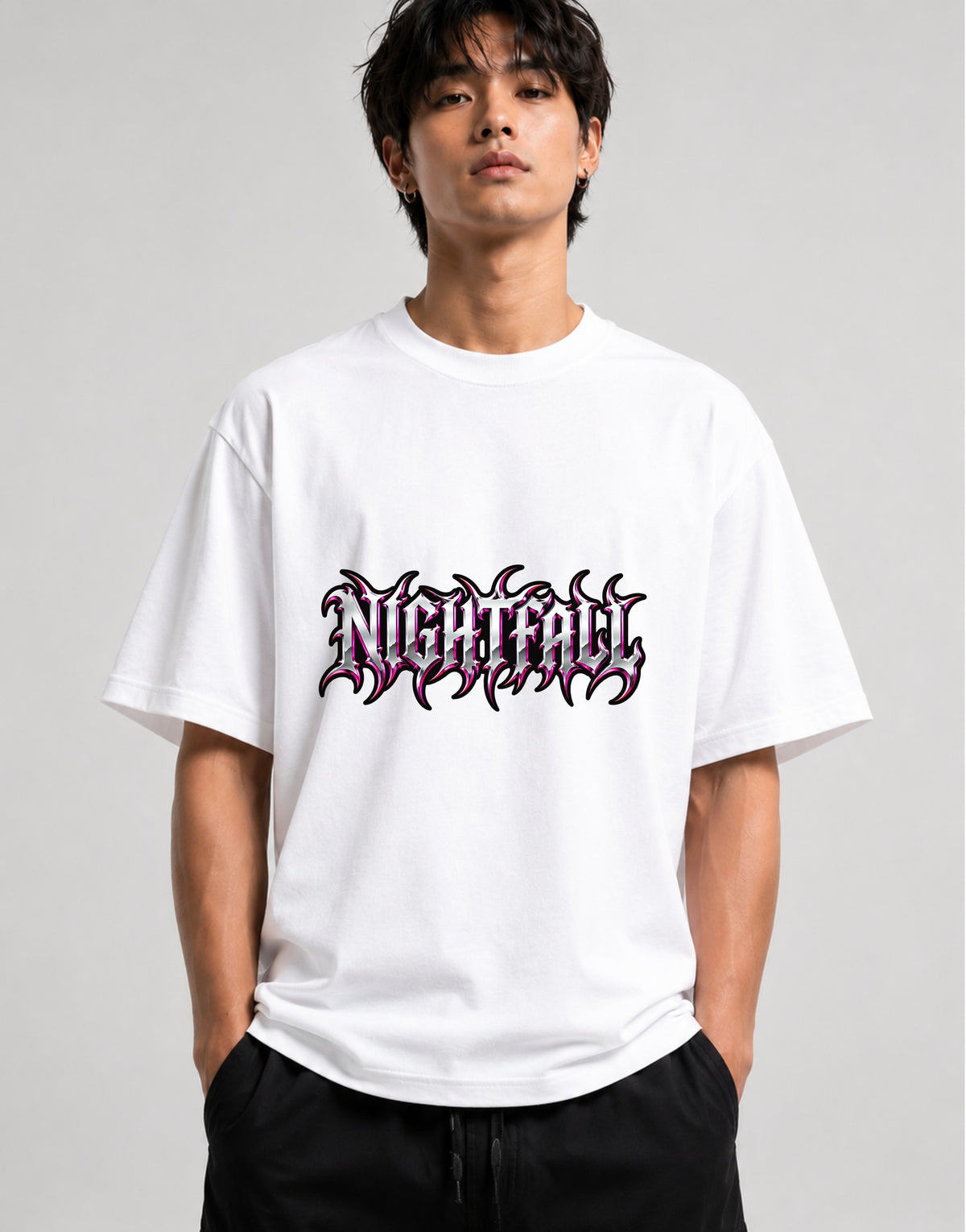 Nightfall Prophecy Gothic Metal Lettering Graphic Tee - White