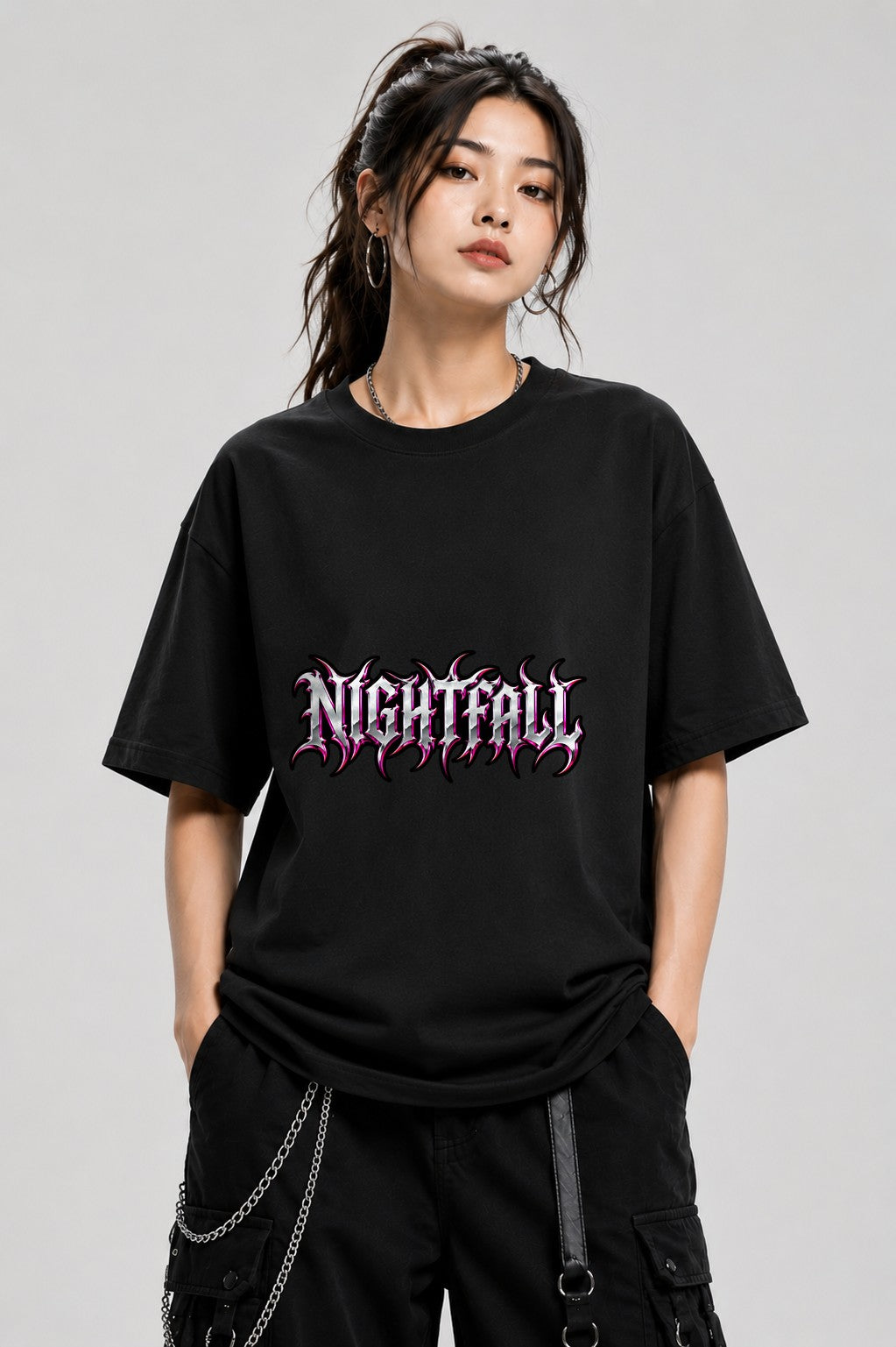 Nightfall Prophecy Gothic Metal Lettering Graphic Tee - Black