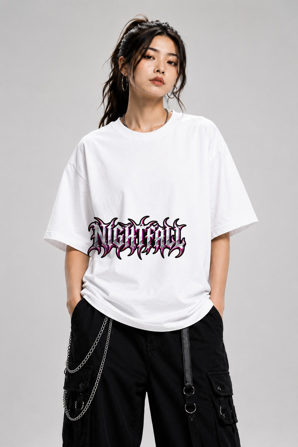 Nightfall Prophecy Gothic Metal Lettering Graphic Tee - White