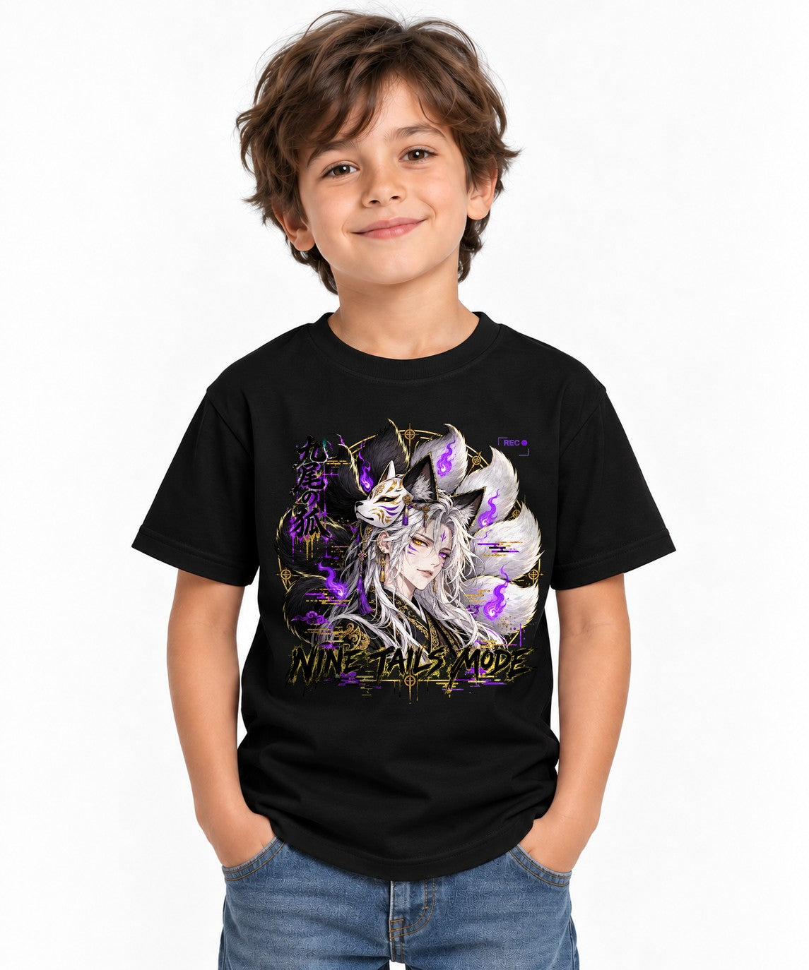 Nine Tails Mode Kitsune Anime T-Shirt - Japanese Fox Spirit - Black