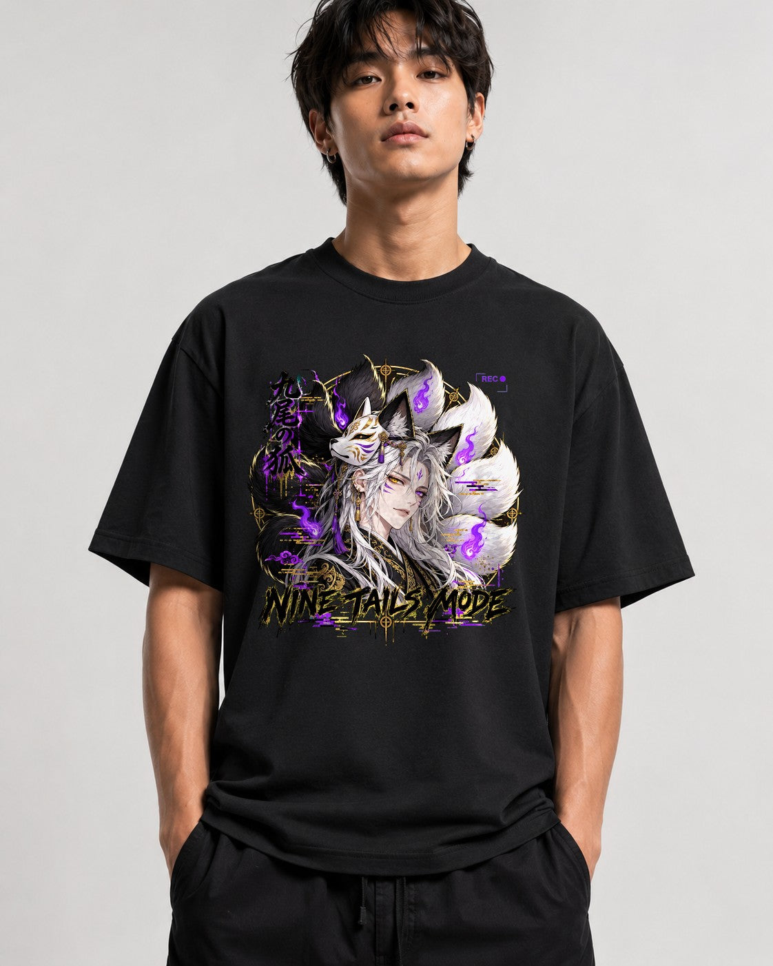 Nine Tails Mode Kitsune Anime T-Shirt - Japanese Fox Spirit - Black