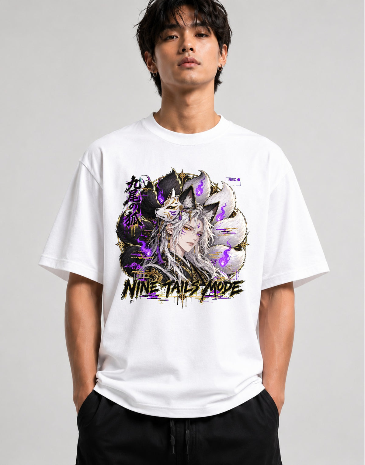 Nine Tails Mode Kitsune Anime T-Shirt - Japanese Fox Spirit - White