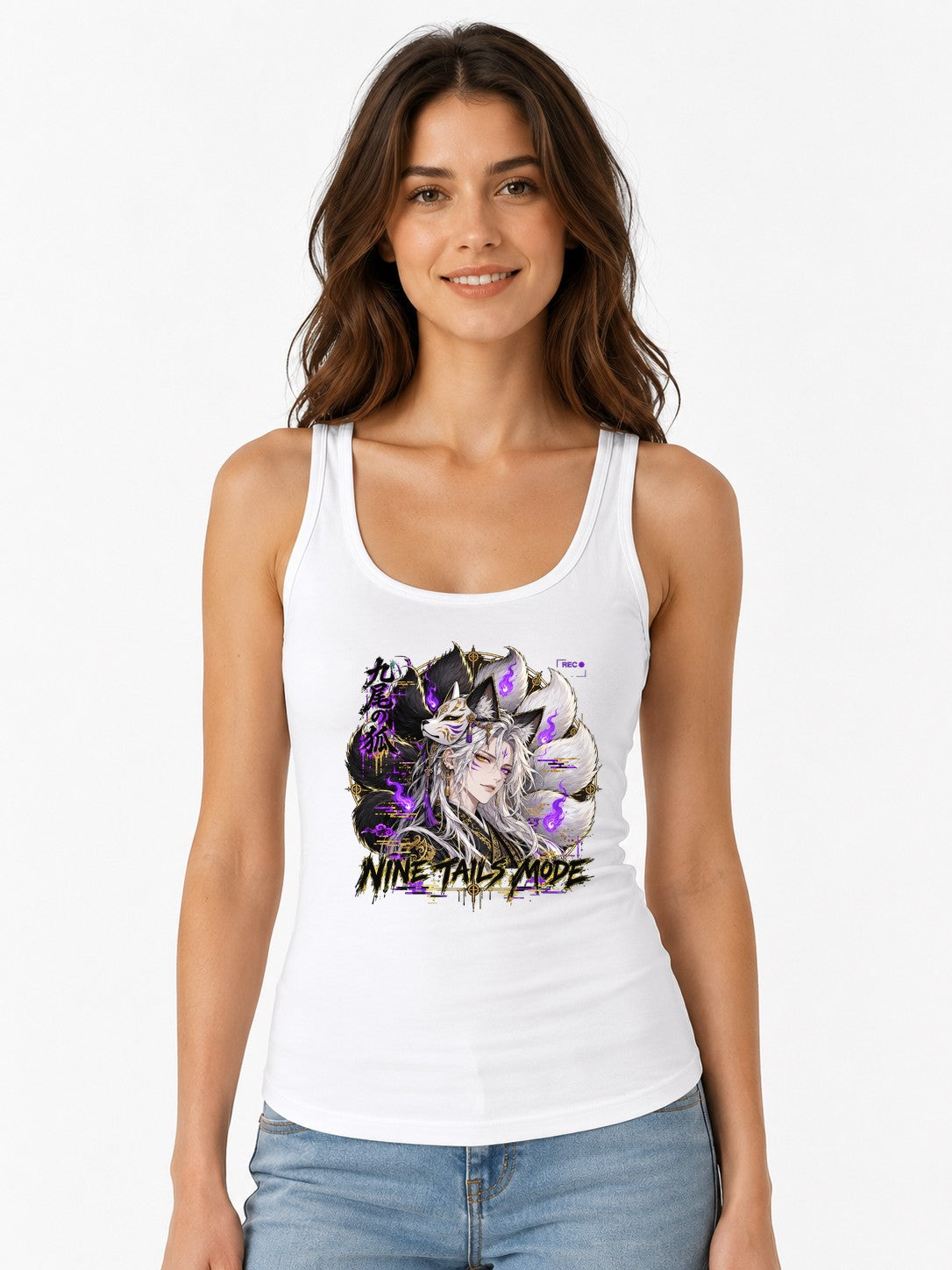 Nine Tails Mode Kitsune Anime T-Shirt - Japanese Fox Spirit - White
