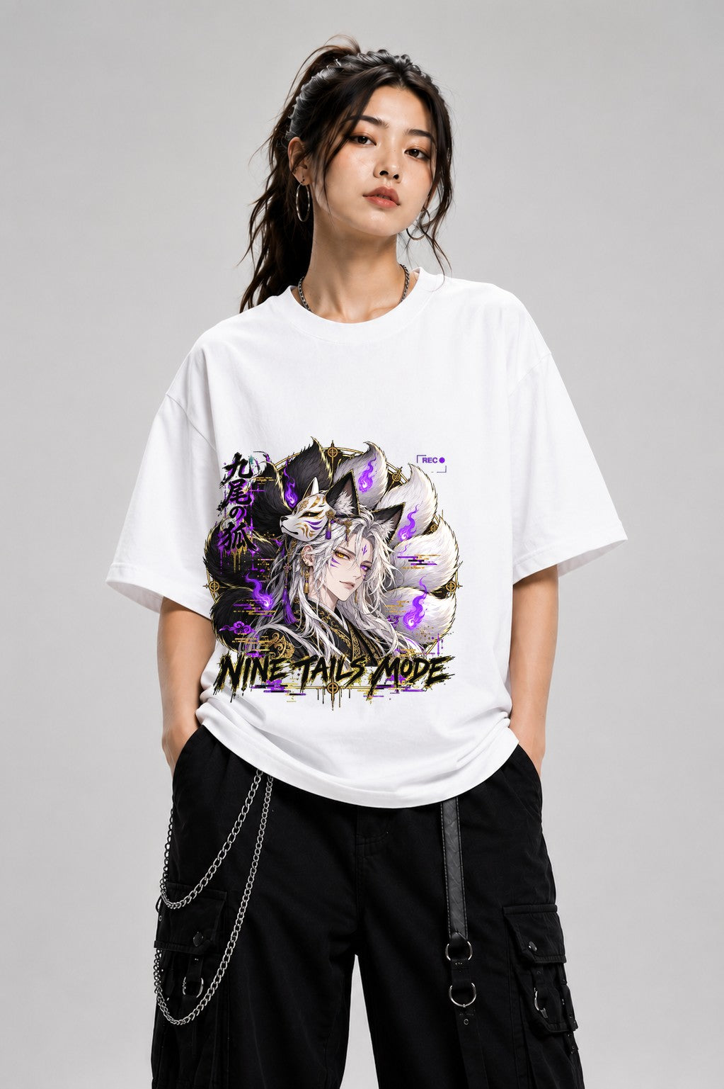 Nine Tails Mode Kitsune Anime T-Shirt - Japanese Fox Spirit - White