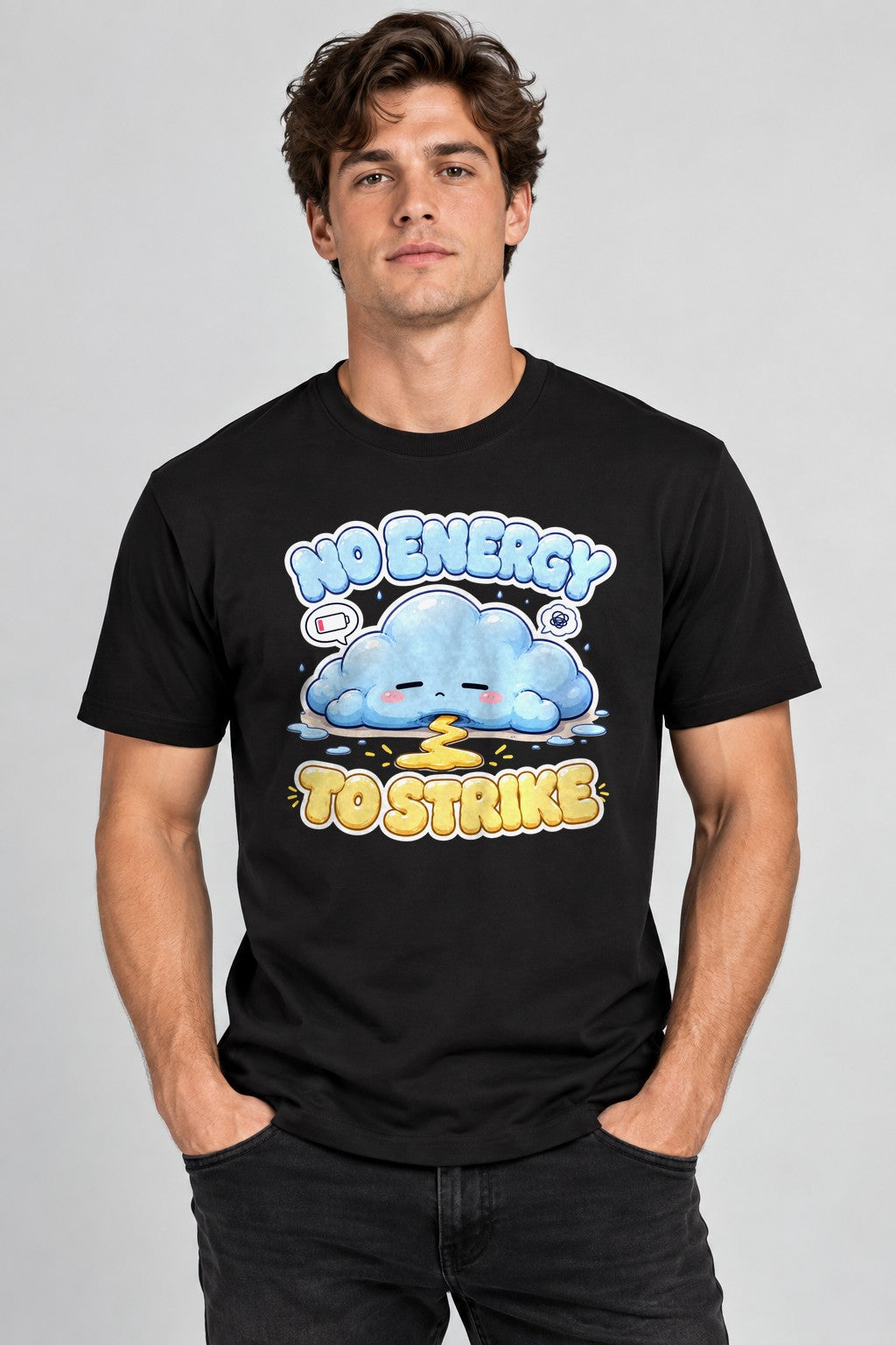 No Energy To Strike - Cute Exhausted Rain Cloud Tired Graphic T-Shirt - Black