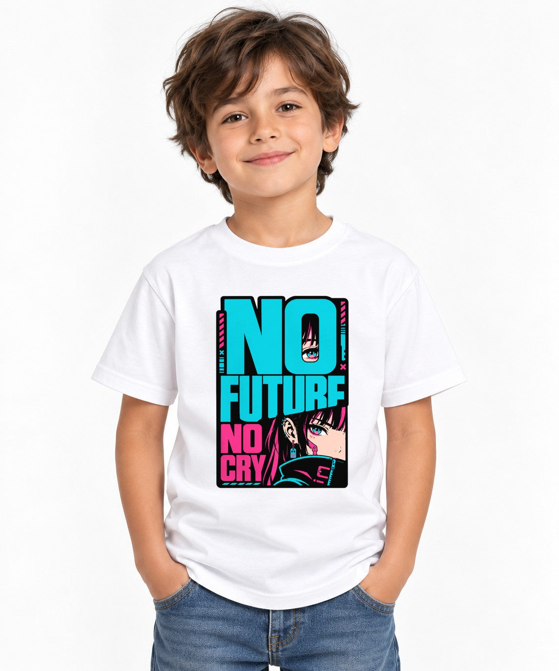 No Future No Cry Anime Streetwear Graphic - Cyberpunk Style - White