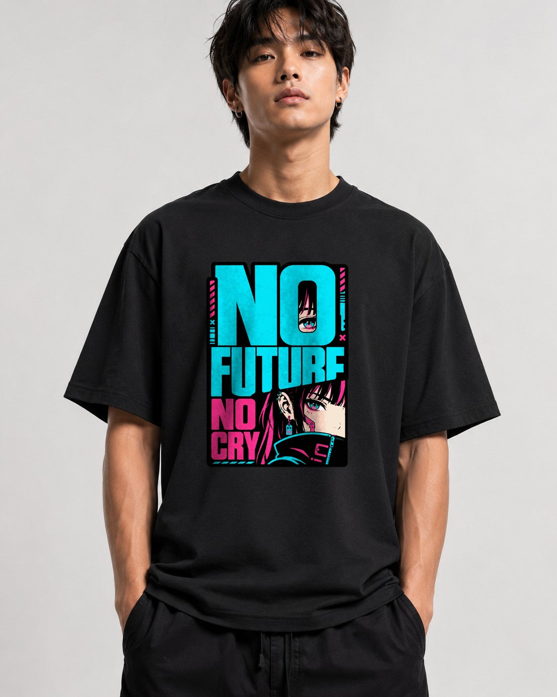 No Future No Cry Anime Streetwear Graphic - Cyberpunk Style - Black