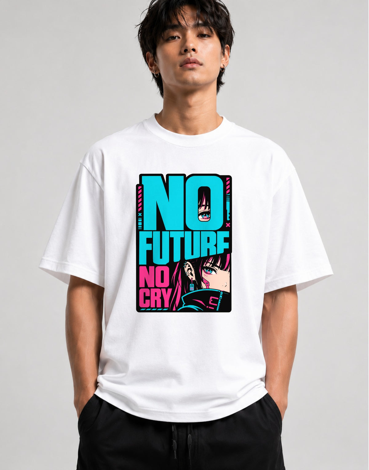 No Future No Cry Anime Streetwear Graphic - Cyberpunk Style - White