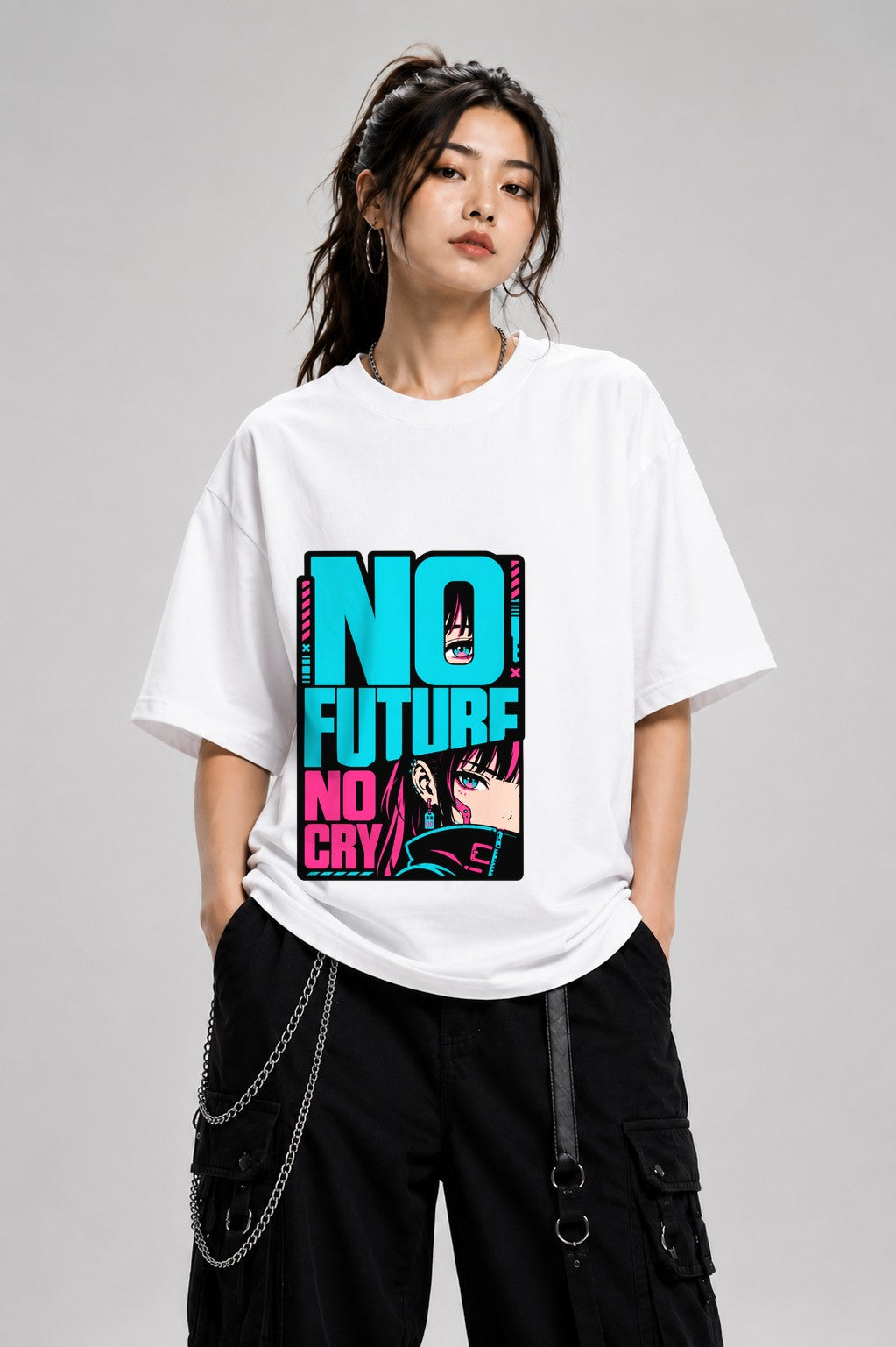 No Future No Cry Anime Streetwear Graphic - Cyberpunk Style - White