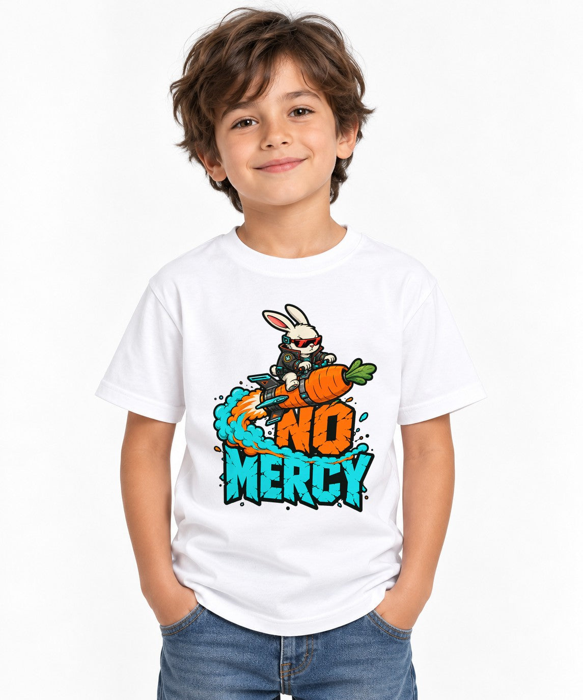 No Mercy Rocket Bunny Graphic Tee - Cool Street Art Style - White
