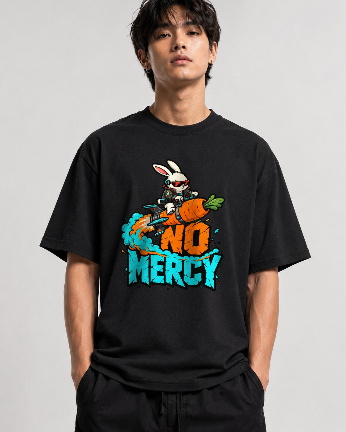 No Mercy Rocket Bunny Graphic Tee - Cool Street Art Style - Black