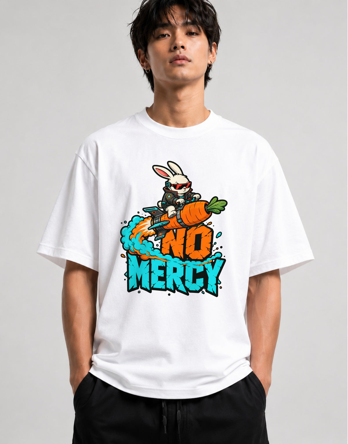 No Mercy Rocket Bunny Graphic Tee - Cool Street Art Style - White