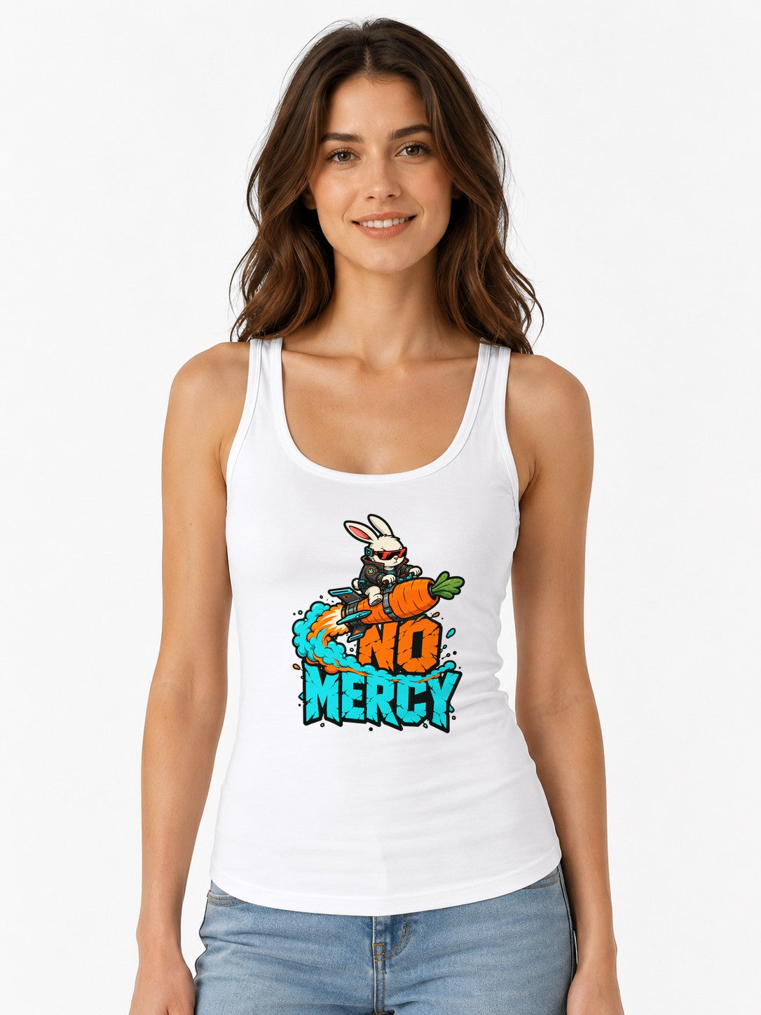 No Mercy Rocket Bunny Graphic Tee - Cool Street Art Style - White