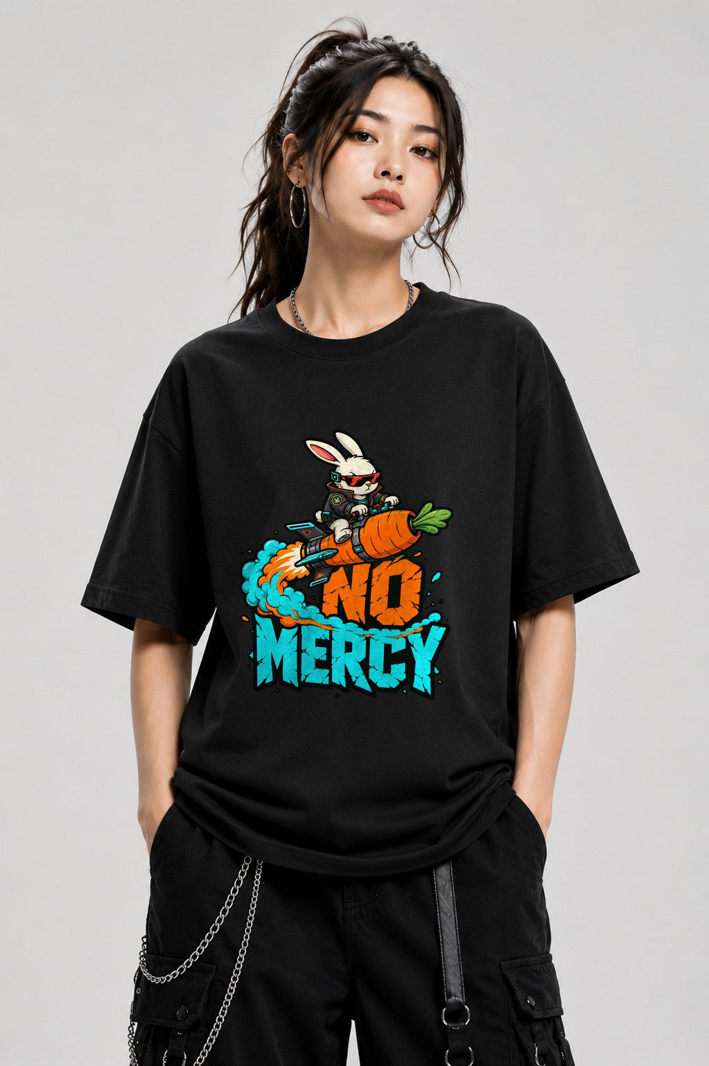 No Mercy Rocket Bunny Graphic Tee - Cool Street Art Style - Black
