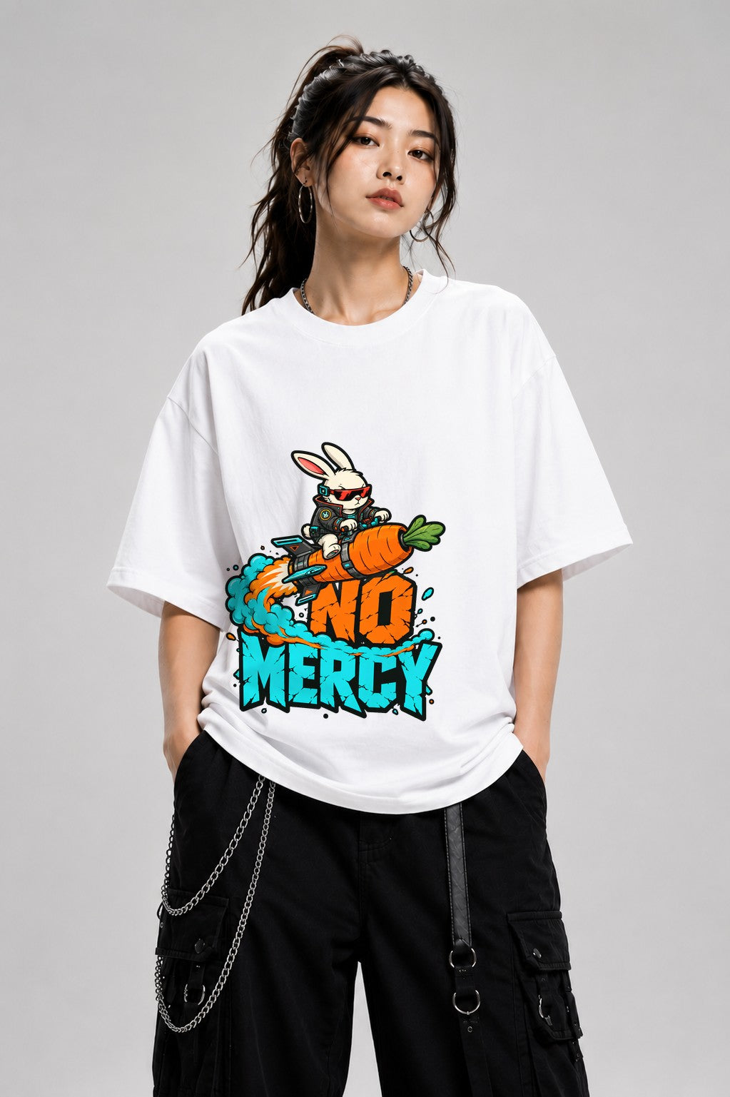 No Mercy Rocket Bunny Graphic Tee - Cool Street Art Style - White