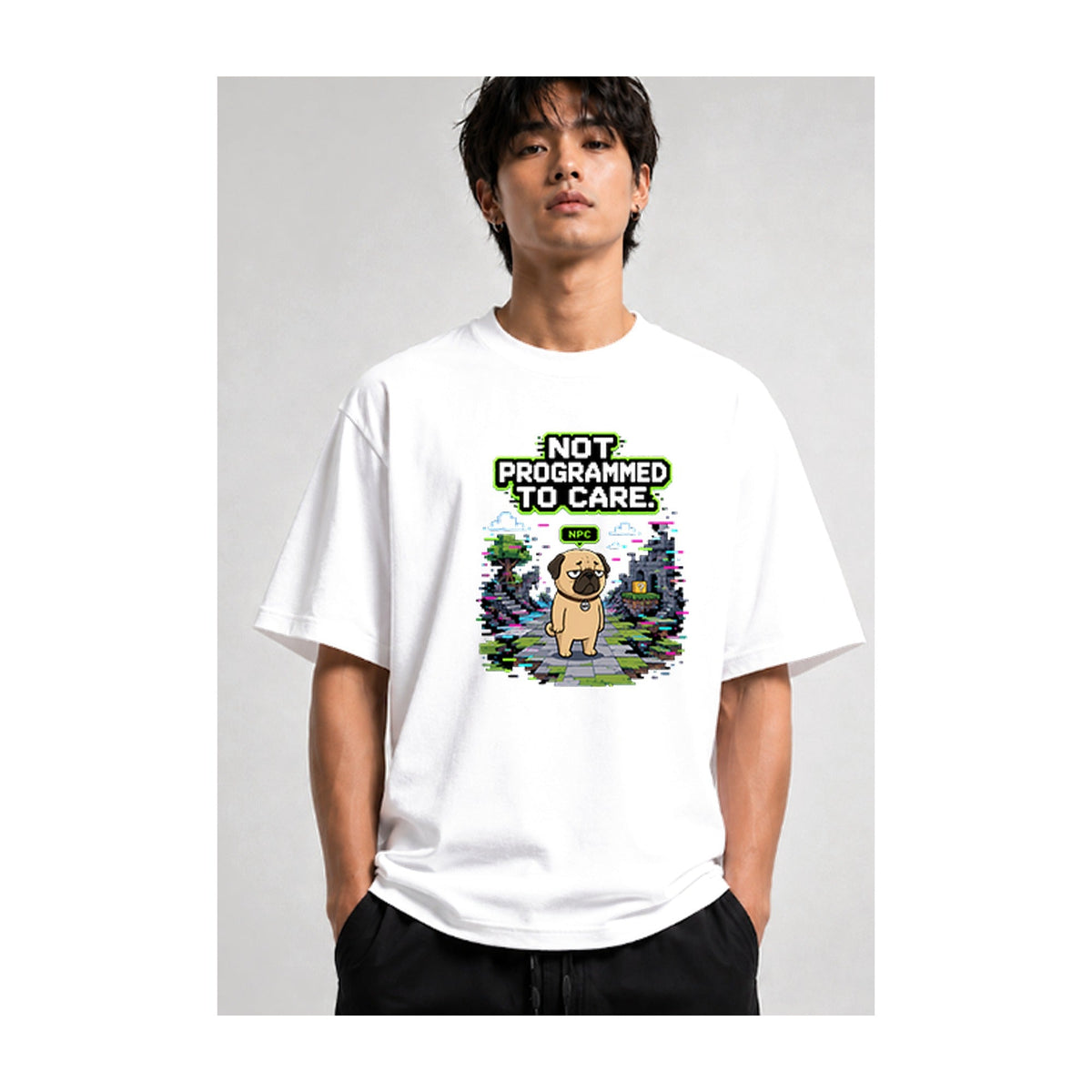 Not Programmed To Care Funny NPC Gamer Pug 8-Bit Pixel Dog Humor