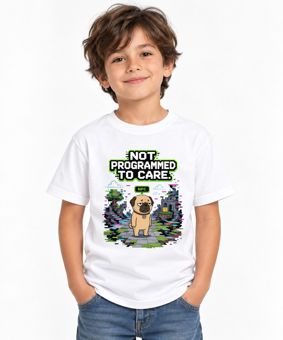 Not Programmed To Care Pug Shirt - Retro Pixel Gaming Glitch Tee - White