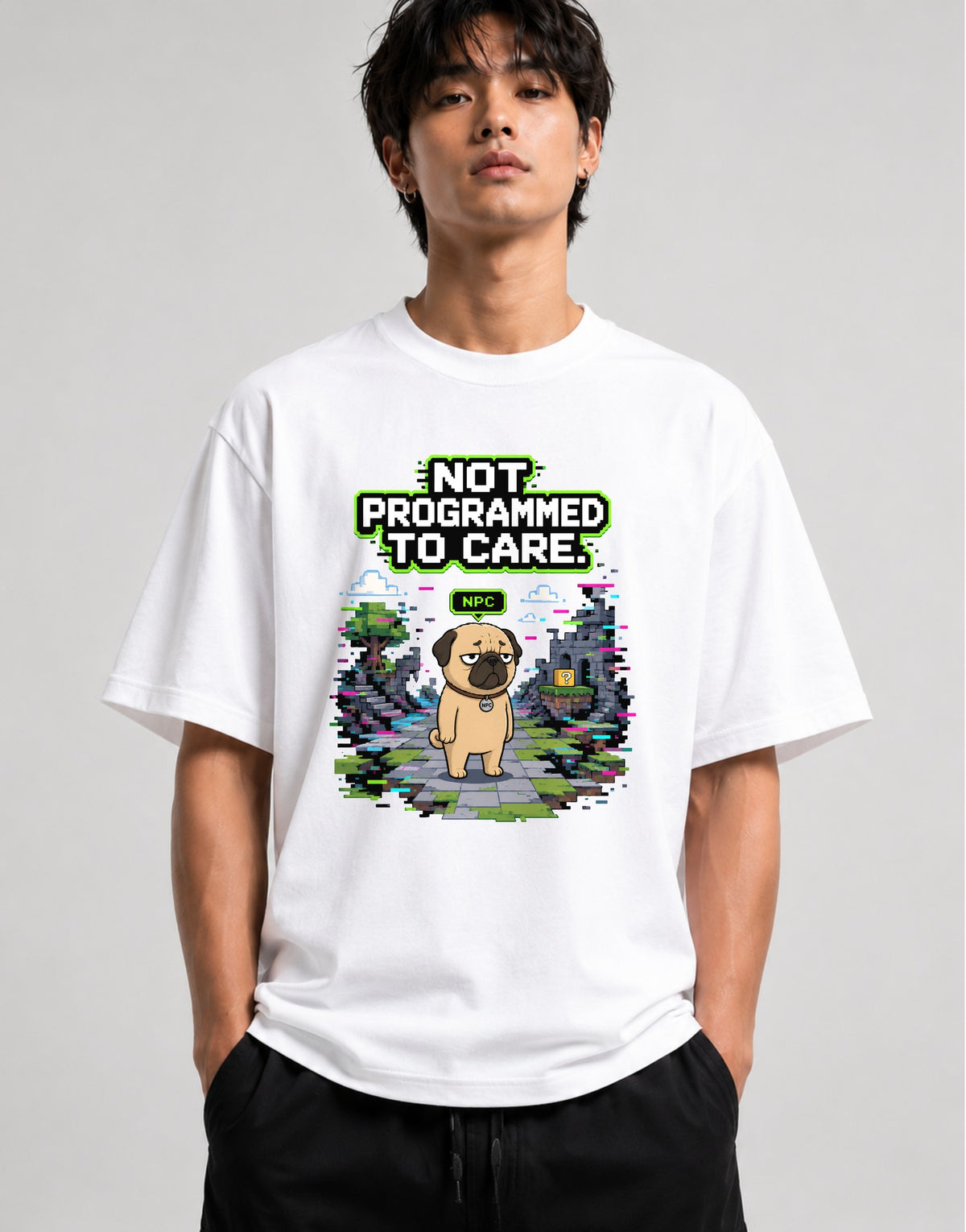 Not Programmed To Care Pug Shirt - Retro Pixel Gaming Glitch Tee - White