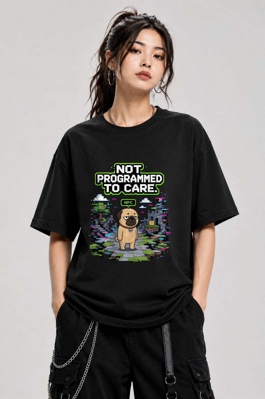 Not Programmed To Care Pug Shirt - Retro Pixel Gaming Glitch Tee - Black