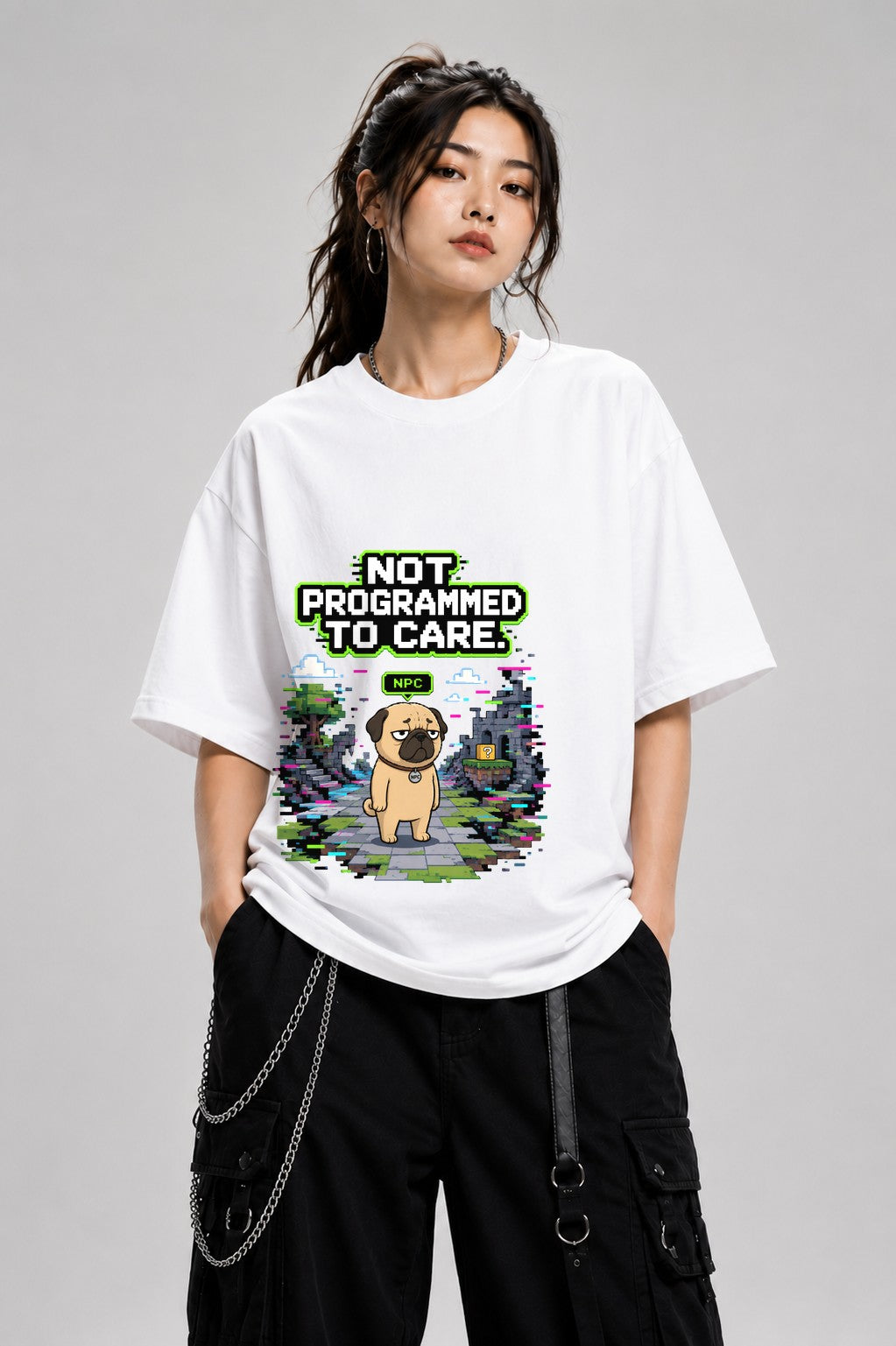 Not Programmed To Care Pug Shirt - Retro Pixel Gaming Glitch Tee - White